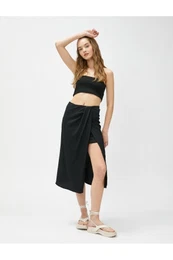 Midi Skirt with Draping and Slits Lined, Textured
