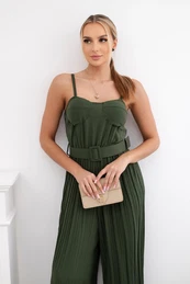 Pleated jumpsuit with khaki straps