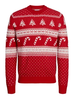 JACK & JONES Pullover JJXmas Gabriel rubinrot/weiß