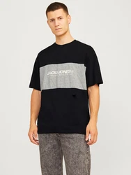 JACK & JONES T-Shirt 'JJELegacy' BLOCKING TEE SS O-NECK graumeliert/schwarz/weiß