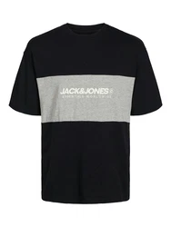 JACK & JONES T-Shirt 'JJELegacy' BLOCKING TEE SS O-NECK graumeliert/schwarz/weiß