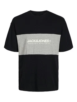 JACK & JONES T-Shirt 'JJELegacy' BLOCKING TEE SS O-NECK graumeliert/schwarz/weiß JACK & JONES T-Shirt 'JJELegacy' BLOCKING TEE SS O-NECK graumeliert/schwarz/weiß