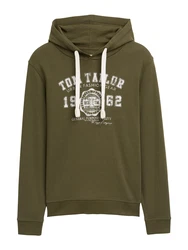 TOM TAILOR Hoodie Sweatshirt mit Logo Print Dunkelgrün/Khaki