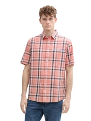 TOM TAILOR Kurzarmhemd CHECKED SLUBYARN SHIRT koralle/schwarz/weiß