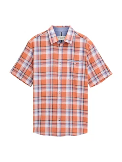 TOM TAILOR Kurzarmhemd CHECKED SLUBYARN SHIRT marine/orange/schwarz/weiß