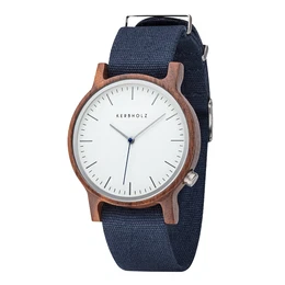 Kerbholz Uhr Walter Maple dunkelblau / braun / weiß