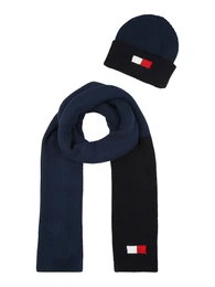 Mütze und Schal blau / weiß / rot