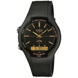 Herren Quartz Armbanduhr, 38.00mm GehäusegröÃŸe mit schwarz analog/digital Zifferblatt und schwarz Rubber Strap Armband AW-90H-9EVEF