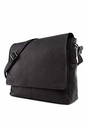 Oxford Umhängetasche Leder Laptoptasche 15 Zoll aus echtem Büffel-Leder im Vintage Look, (LxBxH): ca. 38x10x31 cm - Schwarz