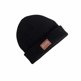 Mütze mit stylischem Lederpatch Angenehm weich für Sport Fitness Training & Freizeit Unisex Beanie ideal für Winter - Wintermütze, Farbe:Schwarz