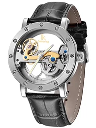 IK Automatikuhr Armbanduhr Herren Damen Silber Lederarmband Schwarz Skelett