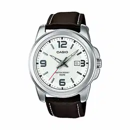 Herren Quartz Armbanduhr, 43.00mm GehäusegröÃŸe mit weiÃŸ analog Zifferblatt und braun Lederarmband Armband MTP-1314PL-7AVEF