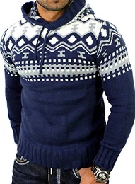 Herren Grobstrick Pullover Norweger Winter Kapuzenpullover RS-3013 Blau M