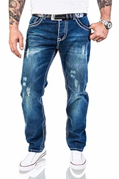 Herren Designer Jeans Hose Dicke Nähte Vintage Herrenjeans Stonewashed Regular Fit Used Look RC-2056 Blau W32 L32