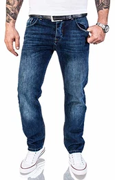 Herren Jeans Hose Regular Fit Jeans Herrenjeans Herrenhose Denim Stonewashed Basic Raw Straight Cut Jeans RC-2140 Dunkelblau W32 L32
