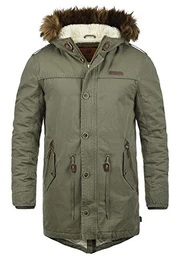 Pulsoor Herren Winter Jacke Parka Mantel Lange Winterjacke gefüttert mit Teddy-Futter und Kunst-Fellkapuze, Größe:XL, Farbe:Army (600)