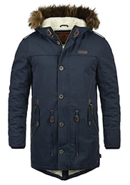 Pulsoor Herren Parka Mantel Winter-Jacke Lang mit Fell-Kapuze und Teddy-Futter aus hochwertigem Material, Größe:S, Farbe:Navy (400)