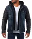 Young & Rich Herren 2in1 Jeans Jacke gefüttert Kontrast blau schwarz mit Kunstleder Ärmeln Kapuze vintage used destroyed double layer Look, Grösse:M