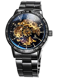 IK Herren Damen mechanische Automatik-Uhr schwarz mit Edelstahl Metallarmband Skelett