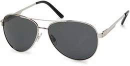 polarisierte Sonnenbrille, Pilotenbrille mit Federscharnier, Etui und Putztuch, Unisex 09020046, Farbe:Gestell Silber/Glas Grau