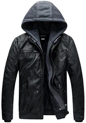 Wantdo Herren Winddichte Leder Motorradjacke Retro PU Jacke mit Kapuze Schwarz