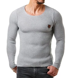 Herren Pullover Slim Fit Feinstrick Schwarz Weiß Grau EF1472 S-XXL, Größe:S, Farbe:Grau