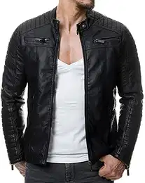 Herren Jacke Übergangsjacke Biker Lederjacke Echtleder Kunstleder Baumwolle mit Gesteppten Bereichen, Schwarz - Kunstleder, M