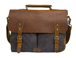 ECOSUSI Umhängetasche Herren Aktentasche Messenger Bag Canvas Schultertasche Leder Tasche Dunkelgrau