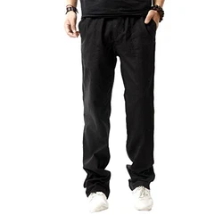 HOEREV Men Casual Strandhosen Leinen Hose Schwarz