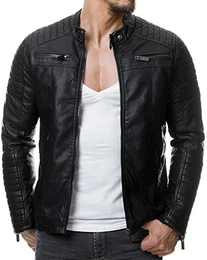 Herren Jacke Übergangsjacke Biker Lederjacke Echtleder Kunstleder Baumwolle mit gesteppten Bereichen, S, Schwarz - Kunstleder