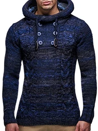 Herren Strick-Pullover Strick-Pulli mit Kapuze Moderner Winter Woll-Pullover Langarm-Sweatshirt Slim Fit LN20227 Dunkel Blau Medium