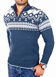 Herren Strickpullover Crewneck Zipper Norweger Pullover RS-3110 Blau M