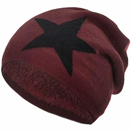 gefütterte Mütze Damen Herren Wintermütze Beanie Haube mit Stern one-Size, Farbe:Dunkelrot