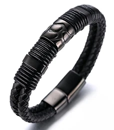 ● Vulkan ● Herren-Armband Handgefertigt Echtleder in Schwarz Magnetverschluss Edelstahl in Schwarz mit Titan Perlen in Schwarz KOSTENLOS Geschenkbox Tolle Geschenkidee 21.5cm
