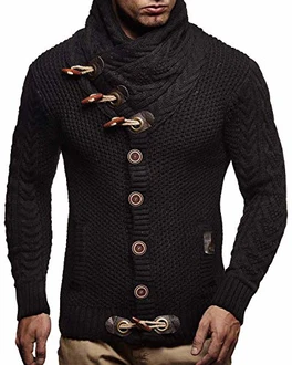 Leif Nelson Herren Strickjacke Schalkragen Slim Fit Hoodie-Pullover Schwarz
