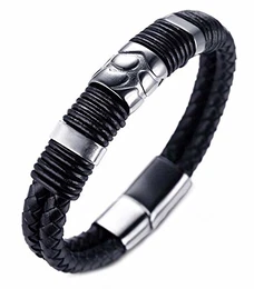 ● Vulkan ● Herren-Armband Handgefertigt Echtleder Schwarz Magnetverschluss Edelstahl Silber mit Titan Perlen in Silber KOSTENLOS Geschenkbox Tolle Geschenkidee 21.5cm