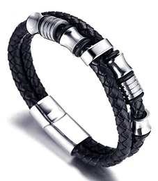 ● Solo ● Herren-Armband Handgefertigt Echtleder Schwarz Magnetverschluss Edelstahl in Silber Titan Perlen in Silber KOSTENLOS Geschenkbox Tolle Geschenkidee 21.5cm