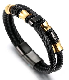 ● Ehre ● Herren-Armband Handgefertigt Echtleder Schwarz Magnetverschluss Edelstahl in Schwarz Titan Perlen in Gold & Schwarz KOSTENLOS Geschenkbox Tolle Geschenkidee 21.5cm