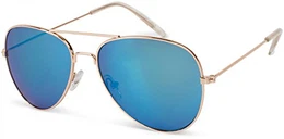 Kinder Pilotenbrille mit Edelstahl Metall Gestell, verspiegelt oder getönt, Fliegerbrille, Sonnenbrille 09020059, Farbe:Gestell Gold / Glas Blau verspiegelt