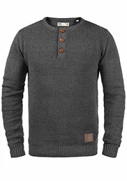 !Solid Terrance Herren Strickpullover Feinstrick Pullover Mit Rundhals Und Knopfleiste, Größe:M, Farbe:Dark Grey Melange (8288)