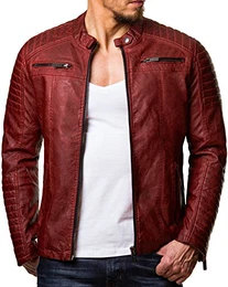 Herren Jacke Übergangsjacke Biker Kunst- Lederjacke Kunstleder mit gesteppten Bereichen (M, Rot)