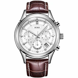 Herren Chronograph Uhr Analog Quarz Armband Kratzfest Mineralglaslinse braunes Lederarmband