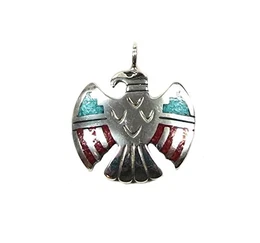 Indianerschmuck Kettenanhänger aus Sterling Silber - Thunderbird, klein - Türkis/Koralle