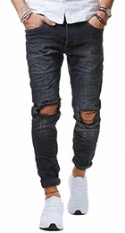 Herren Jeans Hose Denim Slim Fit Destroyed Zerrissen Verwaschen Schwarz M4098, Schwarz, 32W / 32L
