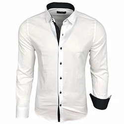 Baxboy Herren-Hemd Langarm Business Freizeit Hochzeit Bügelleicht Slim-Fit Anzug Kentkragen Hemd (B-500) Weiß/Schwarz
