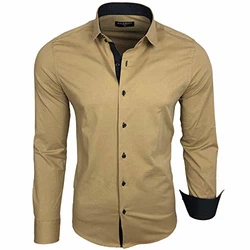 Baxboy Herren-Hemd Langarm Business Freizeit Hochzeit Bügelleicht Slim-Fit Anzug Kentkragen Hemd (B-500) Beige