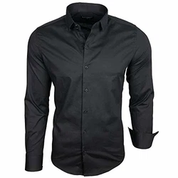Baxboy Herren-Hemd Langarm Business Freizeit Hochzeit Bügelleicht Slim-Fit Anzug Kentkragen Hemd (B-500) Schwarz (B-500)