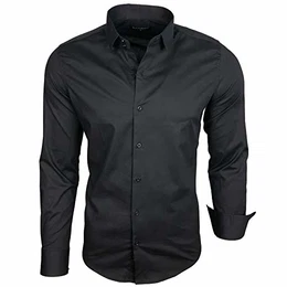 Herren-Hemd Langarm/Business Freizeit Hochzeit/Bügelleicht/Slim-Fit/Anzug Kentkragen Hemd B-500, Farbe:Schwarz, Größen:M