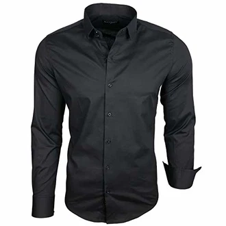 Baxboy Herren-Hemd Langarm Business Freizeit Hochzeit Bügelleicht Slim-Fit Anzug Kentkragen Hemd (B-500) Schwarz (B-500)