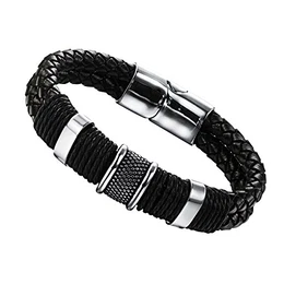 Jewow Edelstahl Schwarz Leder Herren Armband 22CM